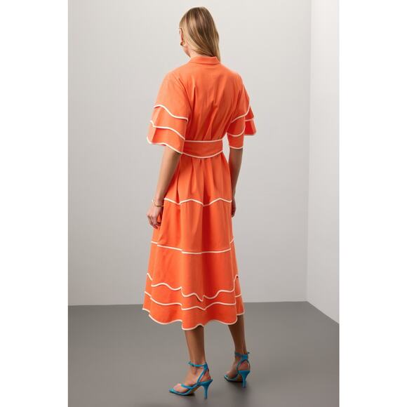 Alexis Rhodes Orange Short Sleeve Belted Tie Waist Midi Shirt Dress Size Large - Picture 3 of 16